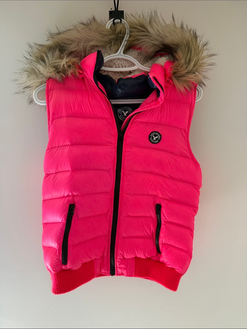American Eagle Outfitters Hot Pink Puffer Vest with Faux Fur Hood
